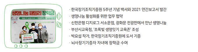 한국장기조직기증원 5주년 기념 백서와 2021 연간 보고서 발간 / 생명나눔 활성화를 위한 업무 협약 / 신한은행 디지로그 서소문점, 광화문 전광판에서 만난 생명나눔 / 부산시교육청, '초록빛 생명잇기 교육존' 조성 / 박요섭 작가, 한국장기조직기증원에 도서 기증 / 뇌사장기기능자 자녀에 장학금 수여